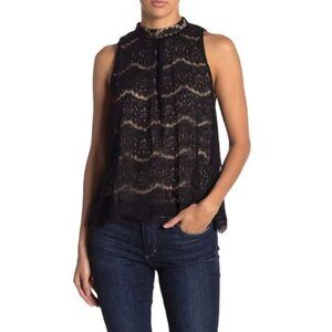 LOVE FIRE Women's Mock Neck Lace Tank‎ Top Black Medium